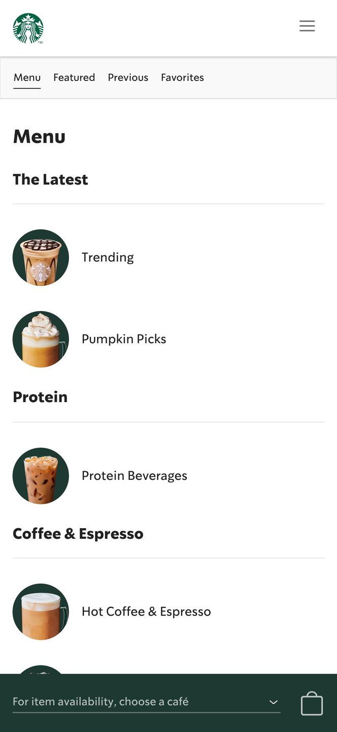 Starbucks web ordering menu on a phone