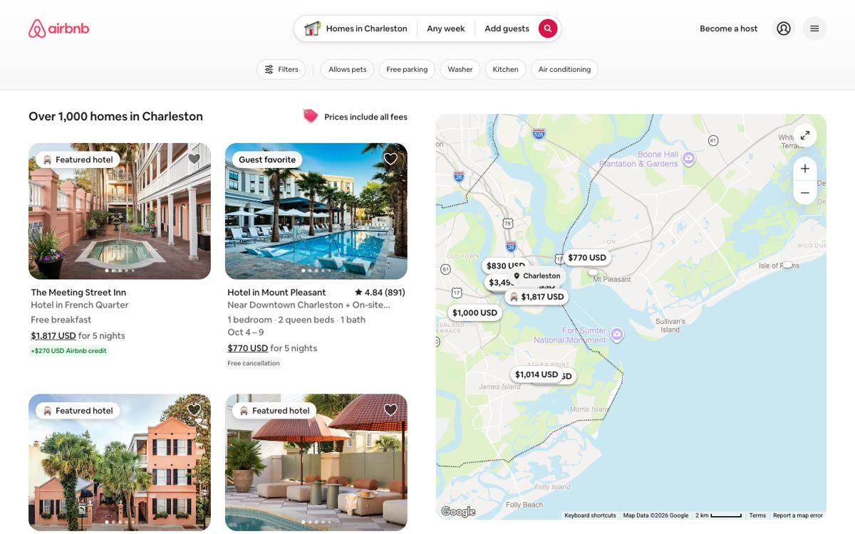 Airbnb search results for Charleston with listings and a map