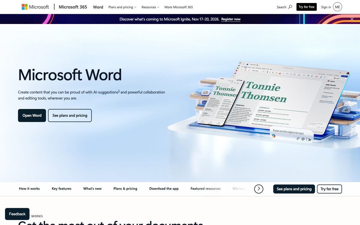 Microsoft Word for the web product page