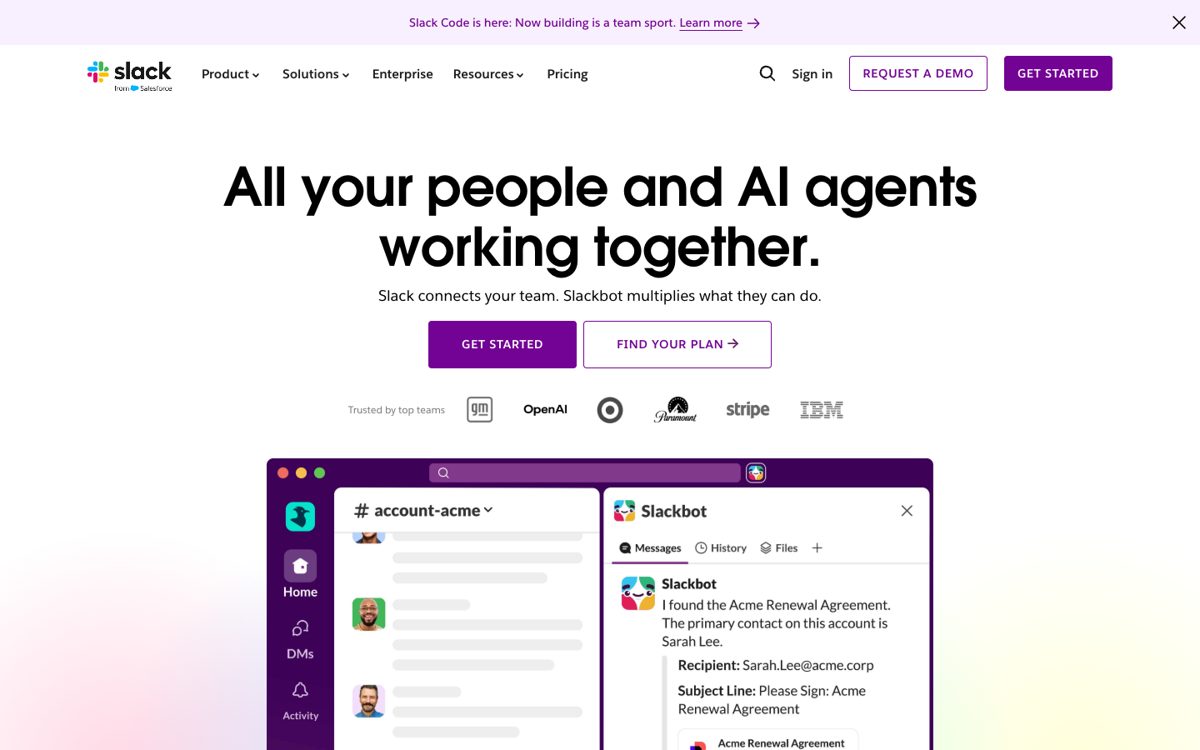 Slack homepage showing a channel and Slackbot in the browser