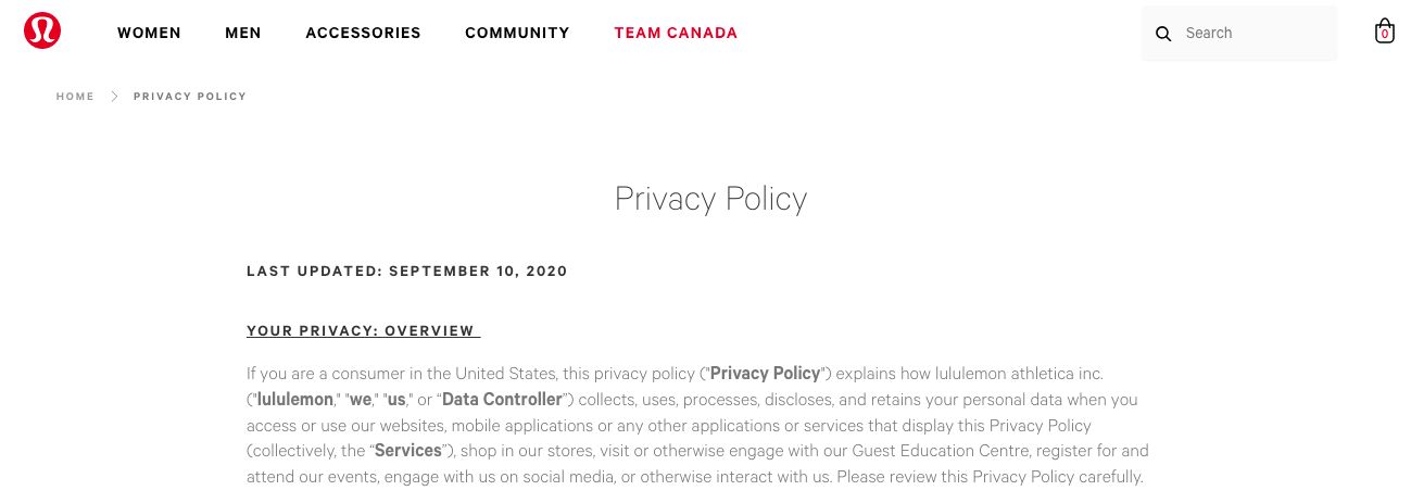 lululemon privacy policy example