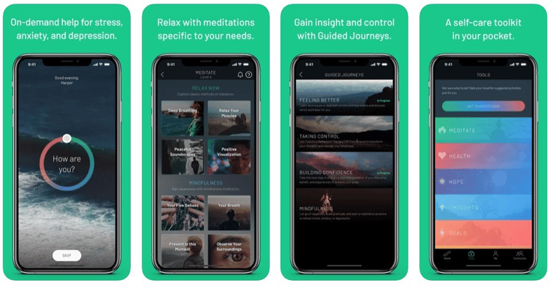 Sanvello app uses emotional design with mood check-ins, meditations, guided journeys, and self-care tools.