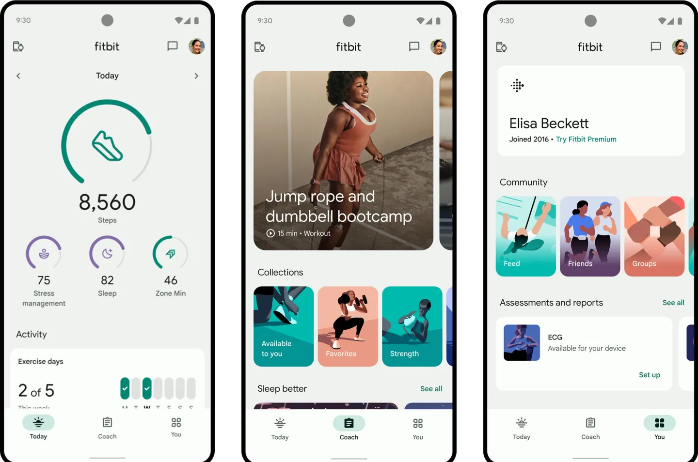 Fitbit app screens illustrating emotional design through personalized health stats, motivating workouts, and supportive community.