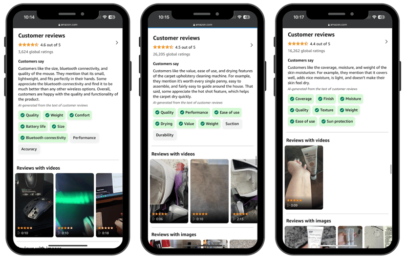 Amazon mobile interface showing AI-generated customer review summaries with highlighted product features and user videos.
