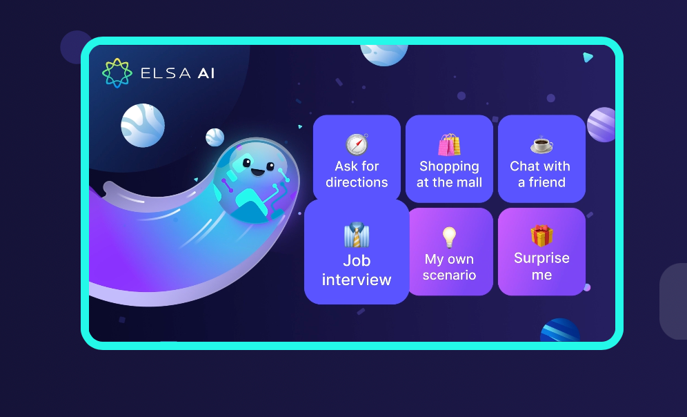 ELSA AI interface offering conversation scenarios like job interview, directions, and shopping to improve English speaking skills.