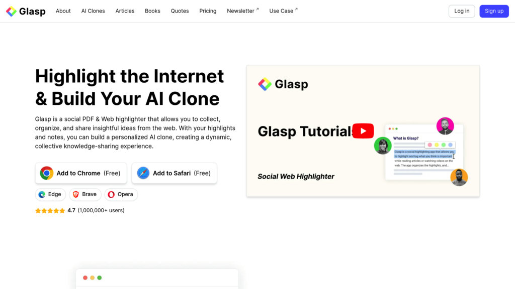 Glasp web tool promotes building a personalized AI clone by highlighting and organizing web content for shared knowledge.