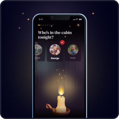 Immersive mobile app Cabin Time interface showing personalized cabin sessions with calming visuals and themed activity selection.