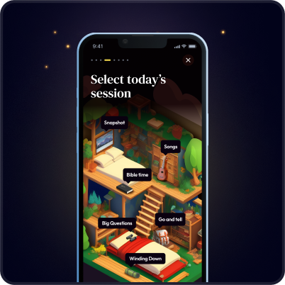 Immersive mobile app Cabin Time interface showing personalized cabin sessions with calming visuals and themed activity selection.