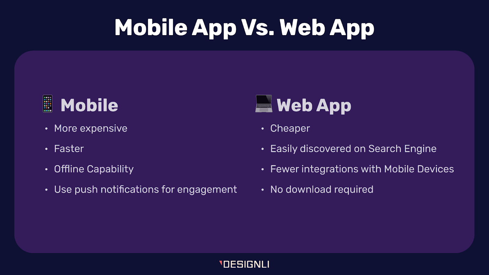 Infographic comparing mobile apps and web apps, highlighting differences in cost, speed, offline access, and discoverability.
